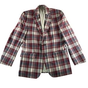 CHAPS Sports Coat Mens 40R Red Blue Plaid 2 Button Tartan Style Preppy Blazer